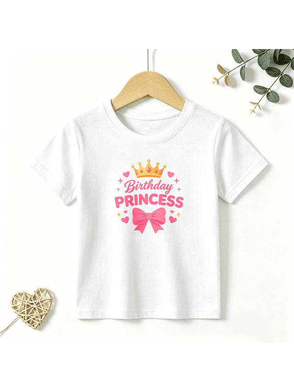 Girls Graphic Tees Birthday Princess Crown Kids T Shirt Pink Bow 100% Cotton Short Sleeve Soft Tops 4-13Y