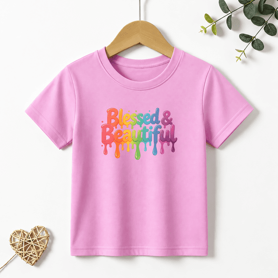 Girls Graphic Tees Blessed Kids T Shirt Colorful 100% Cotton Short Sleeve Soft Tops 4-13Y