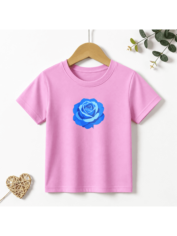Girls Graphic Tees Blue Rose Blossom Kids T Shirt Floral Sweet 100% Cotton Short Sleeve Soft Tops 4-13Y