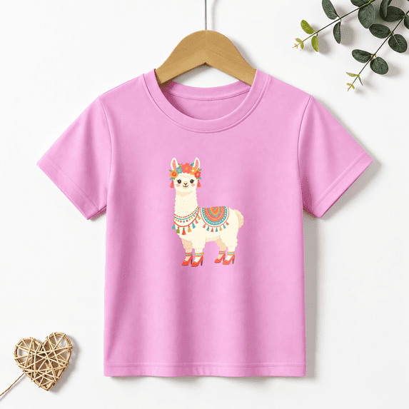 Girls Graphic Tees Boho Llama Flower Crown Kids T Shirt Cute Animal 100% Cotton Short Sleeve Soft Tops 4-13Y