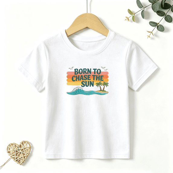Girls Graphic Tees Born To Chase The Sun Kids T Shirt Retro Beach 100% Cotton Short Sleeve Soft Tops 4-13Y