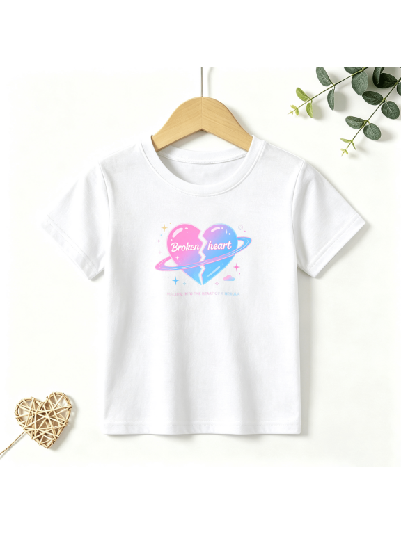 Girls Graphic Tees Broken Heart Planet Kids T Shirt Space Cool 100% Cotton Short Sleeve Soft Tops 4-13Y