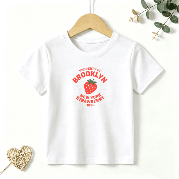 Girls Graphic Tees Brooklyn Strawberry Kids T Shirt New York 100% Cotton Short Sleeve Soft Tops 4-13Y
