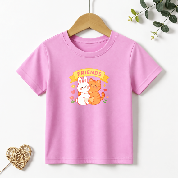 Girls Graphic Tees Bunny Cat Friends Kids T Shirt Cute Sweet 100% Cotton Short Sleeve Soft Tops 4-13Y