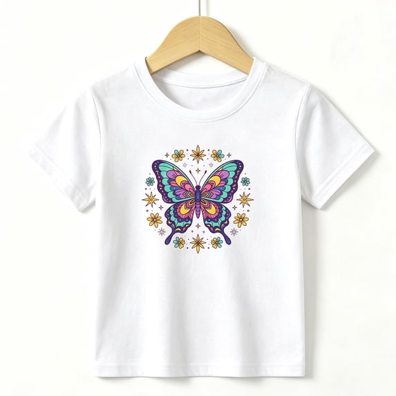 Girls Graphic Tees Butterfly Flower Kids T Shirt Colorful Tops 100% Cotton Short Sleeve Soft Tops 4-13Y White