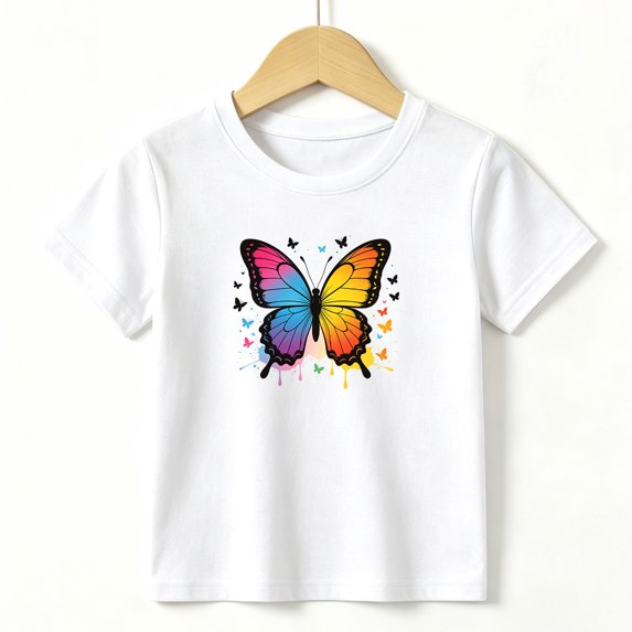 Girls Graphic Tees Butterfly Kids T Shirt Colorful Summer 100% Cotton Short Sleeve Soft Tops 4-13Y White