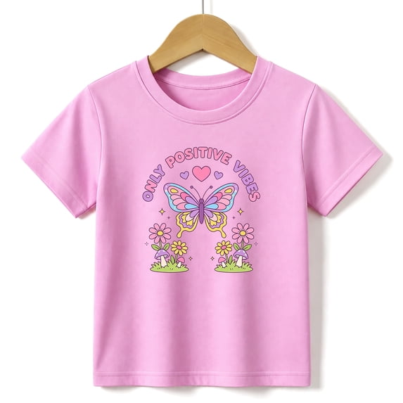 Girls Graphic Tees Butterfly Positive Vibes Kids T Shirt Cute 100% Cotton Short Sleeve Soft Tops 4-13Y Pink