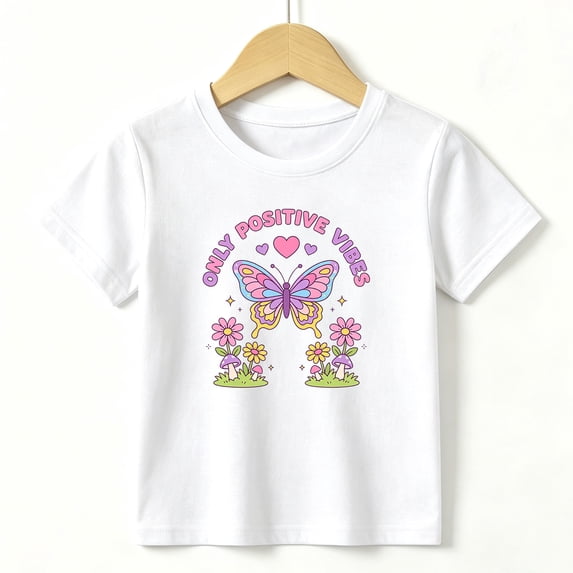 Girls Graphic Tees Butterfly Positive Vibes Kids T Shirt Cute 100% Cotton Short Sleeve Soft Tops 4-13Y White