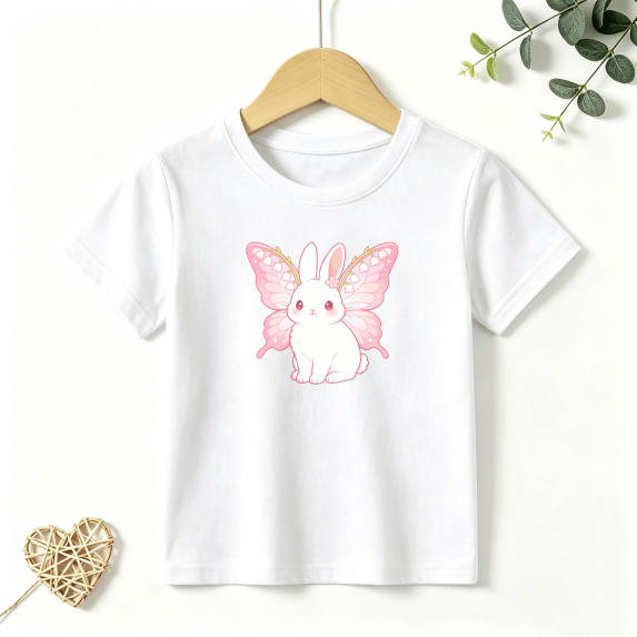Girls Graphic Tees Butterfly Wing Bunny Kids T Shirt Cute Fairy 100% Cotton Short Sleeve Soft Tops 4-13Y