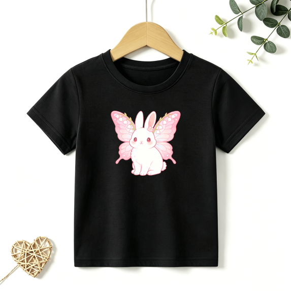 Girls Graphic Tees Butterfly Wing Bunny Kids T Shirt Cute Fairy 100% Cotton Short Sleeve Soft Tops 4-13Y