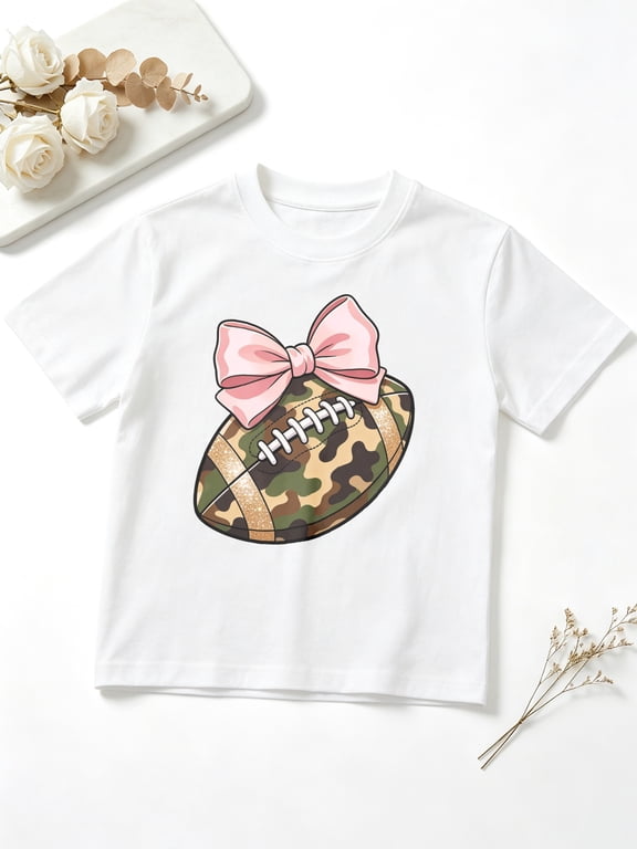 Girls Graphic Tees Camouflage Football Bow Short Sleeve Kids T-Shirt, 100% Cotton Soft Casual Tops for Children