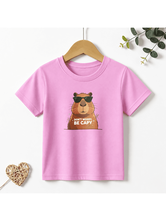 Girls Graphic Tees Capybara Dont Worry Be Capy Kids T Shirt 100% Cotton Short Sleeve Soft Tops 4-13Y