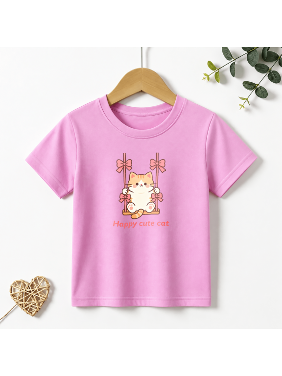 Girls Graphic Tees Cat Swing Bows Kids T Shirt Sweet Cute 100% Cotton Short Sleeve Soft Tops 4-13Y