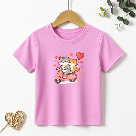 Girls Graphic Tees Cats Riding Scooter Kids T Shirt Cute Animal 100% Cotton Short Sleeve Soft Tops 4-13Y