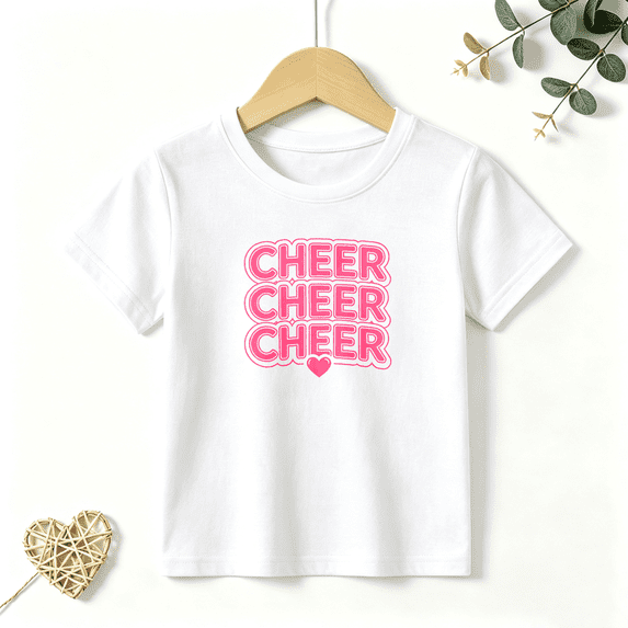 Girls Graphic Tees Cheer Cheer Cheer Pink Kids T Shirt Dance 100% Cotton Short Sleeve Soft Tops 4-13Y