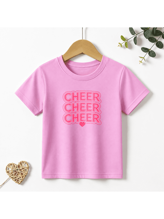 Girls Graphic Tees Cheer Cheer Cheer Pink Kids T Shirt Dance 100% Cotton Short Sleeve Soft Tops 4-13Y