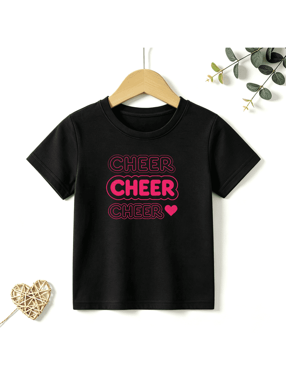 Girls Graphic Tees Cheer Leader Heart Kids T Shirt Dance Sport 100% Cotton Short Sleeve Soft Tops 4-13Y