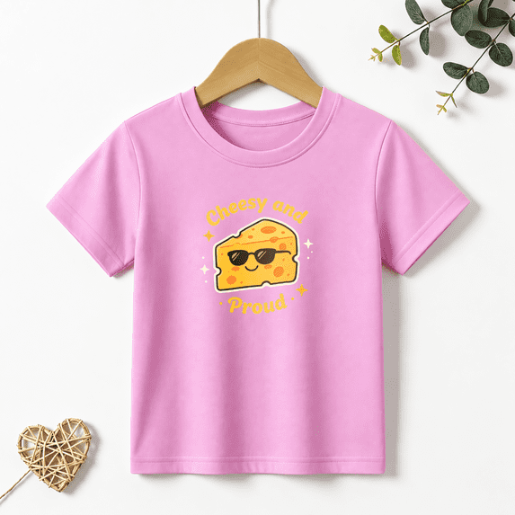 Girls Graphic Tees Cheesy and Proud Kids T Shirt Cute Food Pun 100% Cotton Short Sleeve Soft Tops 4-13Y