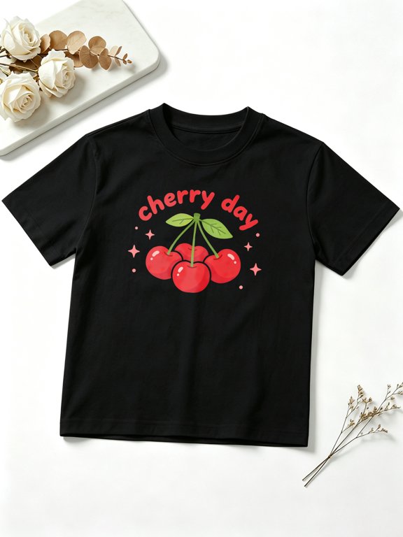 Girls Graphic Tees Cherry Day Sweet Red Cherries Typography Short Sleeve Kids T-Shirt, 100% Cotton Soft Casual Tops for Children