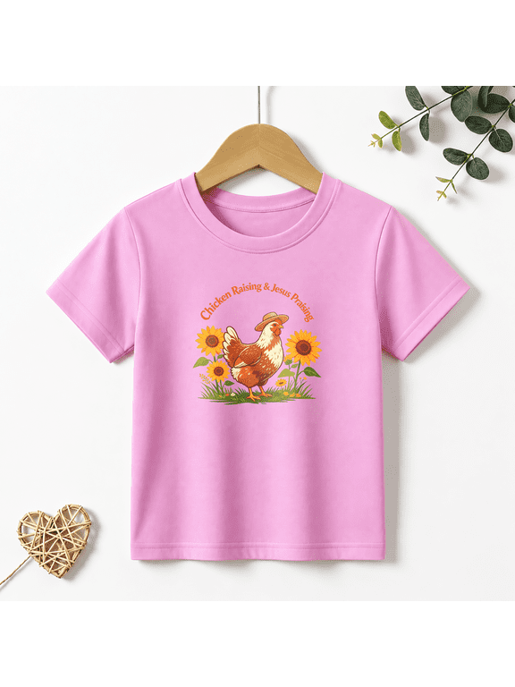 Girls Graphic Tees Chicken Raising Jesus Kids T Shirt Faith Farm 100% Cotton Short Sleeve Soft Tops 4-13Y