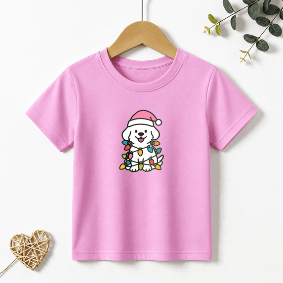 Girls Graphic Tees Christmas Dog Lights Kids T Shirt Xmas Party 100% Cotton Short Sleeve Soft Tops 4-13Y