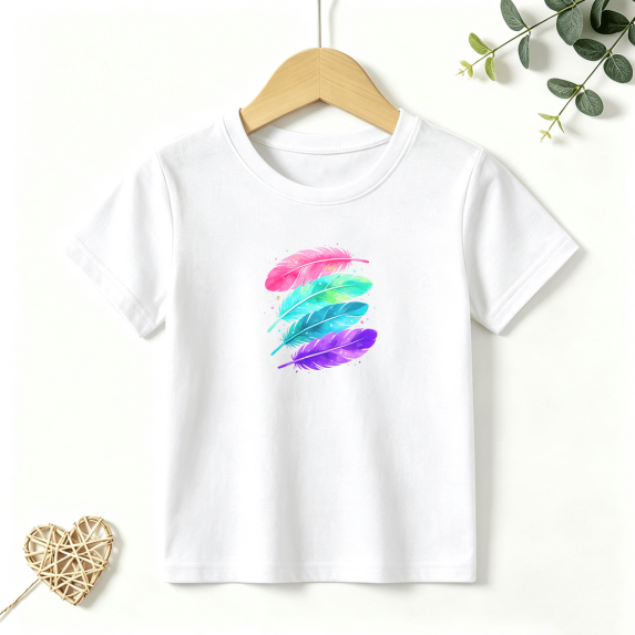Girls Graphic Tees Colorful Feathers Kids T Shirt Neon Boho Style 100% Cotton Short Sleeve Soft Tops 4-13Y