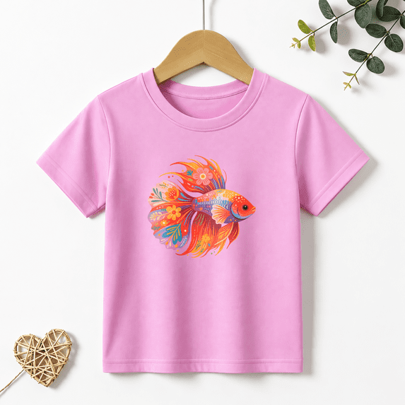 Girls Graphic Tees Colorful Floral Betta Fish Kids T Shirt Boho Vibrant 100% Cotton Short Sleeve Soft Tops 4-13Y