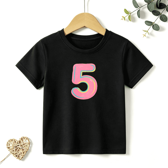 Girls Graphic Tees Colorful Number 5 Print Kids T Shirt 5th Birthday Graphic Tee 100% Cotton Short Sleeve Soft Tops 4-13Y