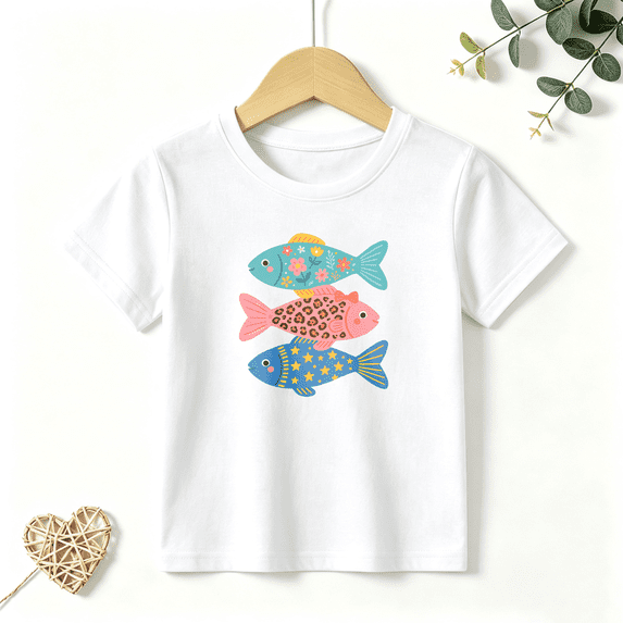 Girls Graphic Tees Colorful Pattern Fish Kids T Shirt Cute Summer 100% Cotton Short Sleeve Soft Tops 4-13Y