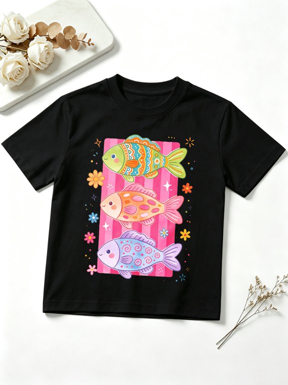 Girls Graphic Tees Colorful Patterned Cute Fishes Ocean Short Sleeve Kids T-Shirt, 100% Cotton Soft Casual Tops for Children