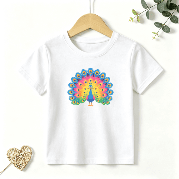 Girls Graphic Tees Colorful Peacock Feather Kids T Shirt Cute Animal Art 100% Cotton Short Sleeve Soft Tops 4-13Y