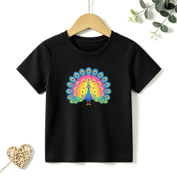 Girls Graphic Tees Colorful Peacock Feather Kids T Shirt Cute Animal Art 100% Cotton Short Sleeve Soft Tops 4-13Y
