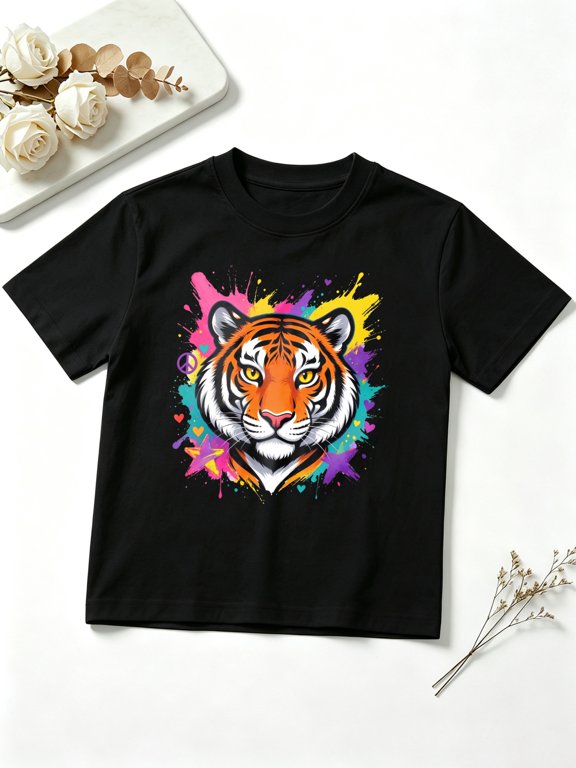 Girls Graphic Tees Colorful Tiger Face Splash Short Sleeve Kids T-Shirt, 100% Cotton Soft Casual Tops for Children