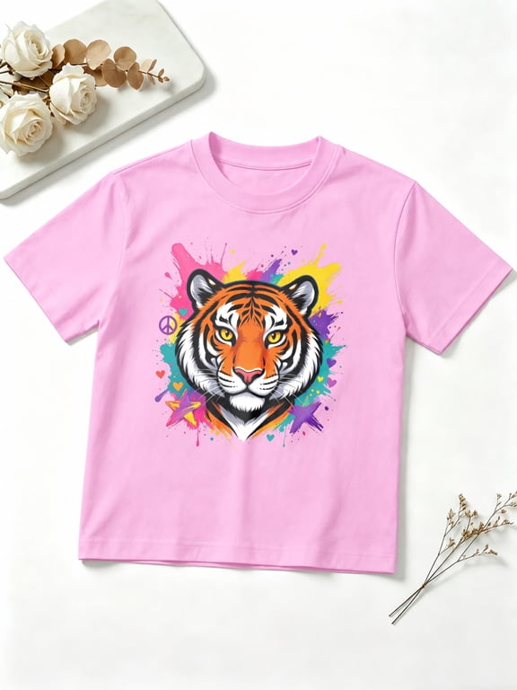 Girls Graphic Tees Colorful Tiger Face Splash Short Sleeve Kids T-Shirt, 100% Cotton Soft Casual Tops for Children