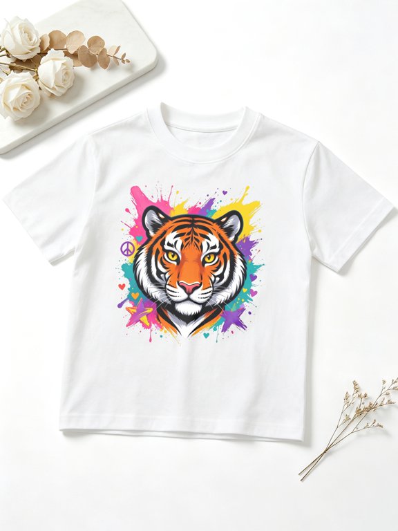 Girls Graphic Tees Colorful Tiger Face Splash Short Sleeve Kids T-Shirt, 100% Cotton Soft Casual Tops for Children