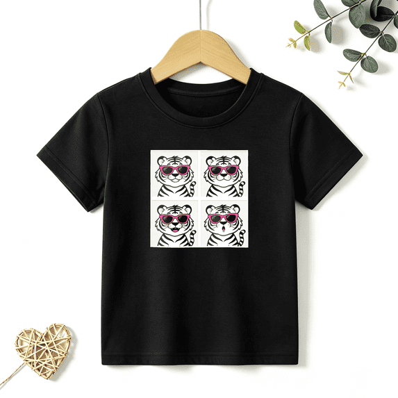 Girls Graphic Tees Cool White Tiger Sunglasses Kids T Shirt Grid 100% Cotton Short Sleeve Soft Tops 4-13Y
