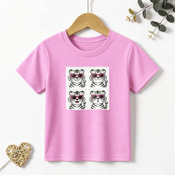 Girls Graphic Tees Cool White Tiger Sunglasses Kids T Shirt Grid 100% Cotton Short Sleeve Soft Tops 4-13Y