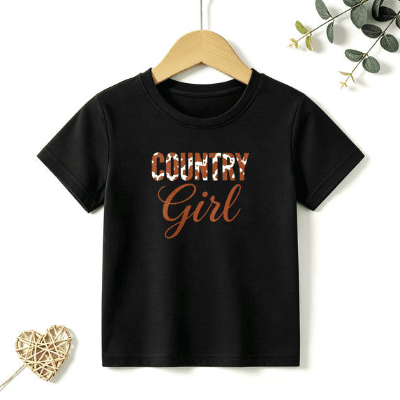 Girls Graphic Tees Country Girl Cow Print Kids T Shirt Western 100% Cotton Short Sleeve Soft Tops 4-13Y