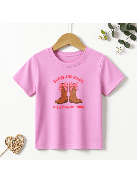 Girls Graphic Tees Cowgirl Boots Bows Kids T Shirt Western Country 100% Cotton Short Sleeve Soft Tops 4-13Y