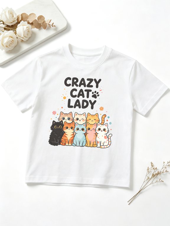 Girls Graphic Tees Crazy Cat Lady Cute Colorful Cats Short Sleeve Kids T-Shirt, 100% Cotton Soft Casual Tops for Children