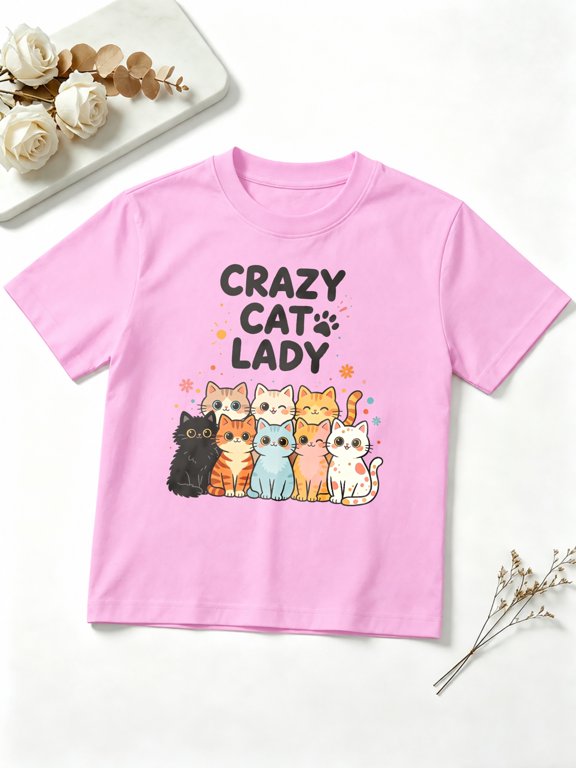 Girls Graphic Tees Crazy Cat Lady Cute Colorful Cats Short Sleeve Kids T-Shirt, 100% Cotton Soft Casual Tops for Children