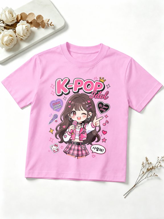 Girls Graphic Tees Cute Anime Girl with Microphone Short Sleeve Kids T-Shirt, 100% Cotton Soft Casual Tops for Children