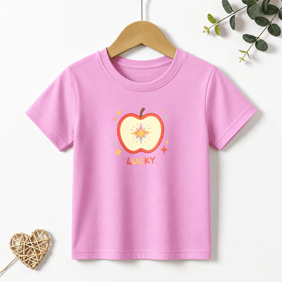 Girls Graphic Tees Cute Apple Fruit Kids T Shirt Lucky Summer 100% Cotton Short Sleeve Soft Tops 4-13Y
