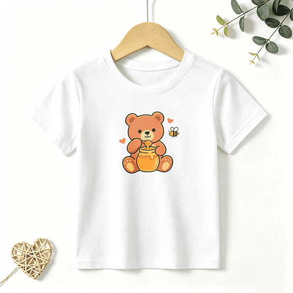Girls Graphic Tees Cute Bear Honey Kids T Shirt Sweet Nature 100% Cotton Short Sleeve Soft Tops 4-13Y
