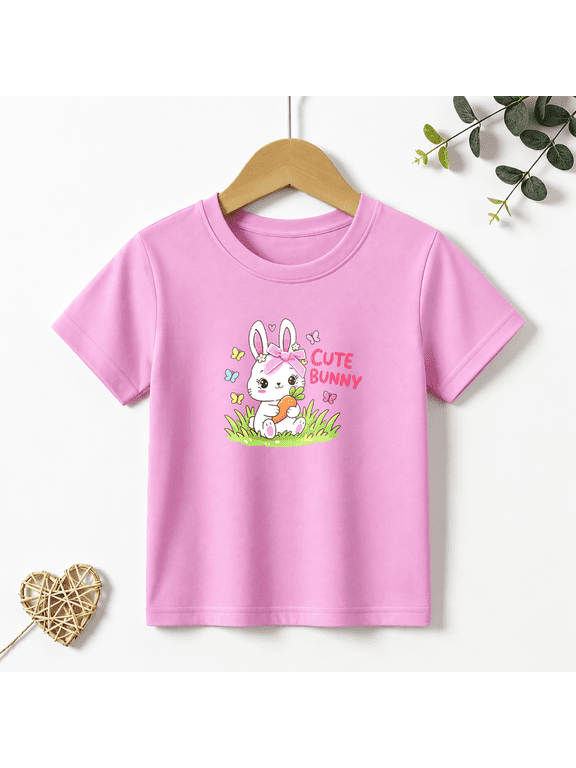Girls Graphic Tees Cute Bunny Rabbit Kids T Shirt Easter Animal 100% Cotton Short Sleeve Soft Tops 4-13Y