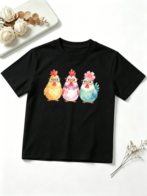 Girls Graphic Tees Cute Chickens with Glasses Farm Animals Short Sleeve Kids T-Spirit, 100% Cotton Soft Casual Tops for Children