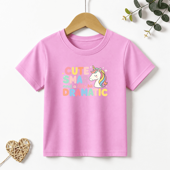 Girls Graphic Tees Cute Dramatic Unicorn Letter Print Kids T Shirt Kawaii Animal Tee 100% Cotton Short Sleeve Soft Tops 4-13Y