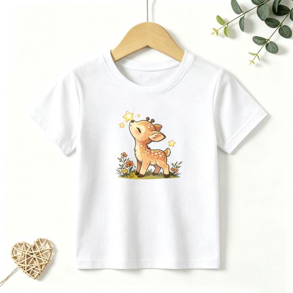 Girls Graphic Tees Cute Fawn Deer Stars Kids T Shirt Summer Nature 100% Cotton Short Sleeve Soft Tops 4-13Y