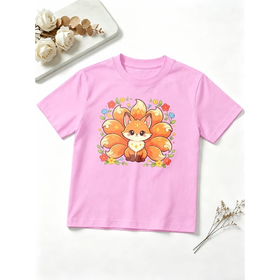 Girls Graphic Tees Cute Fox Magical Floral Short Sleeve Kids T-Shirt, 100% Cotton Soft Casual Tops for Children