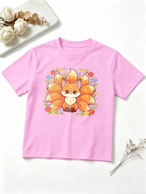 Girls Graphic Tees Cute Fox Magical Floral Short Sleeve Kids T-Shirt, 100% Cotton Soft Casual Tops for Children